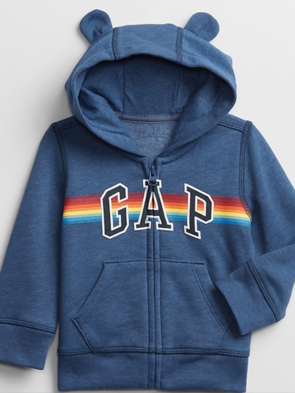 NWT GAP Blue Hoodie with Rainbow Stripe and Ear Hood, Size 12-18M